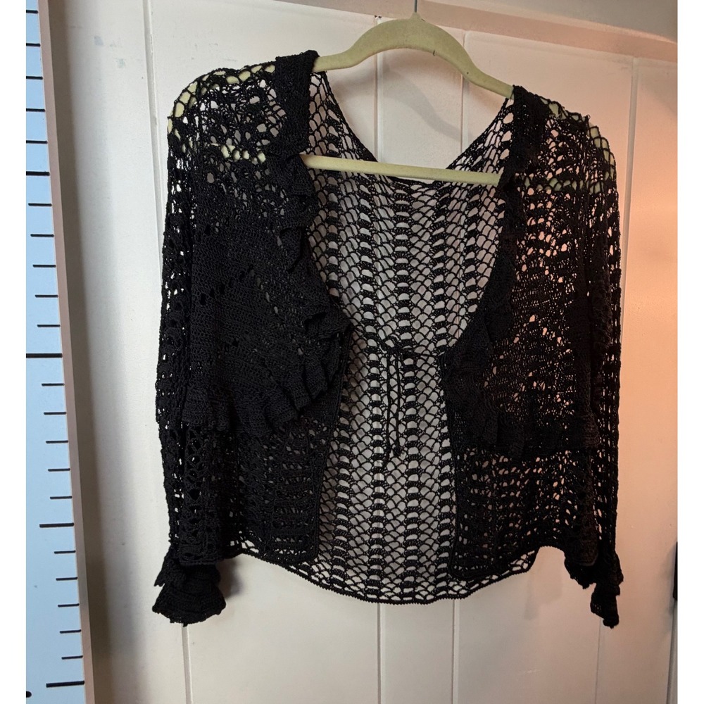 Gothic Witchy Mob Wife Black Crochet Open Knit Cardigan Bell Sleeve Large